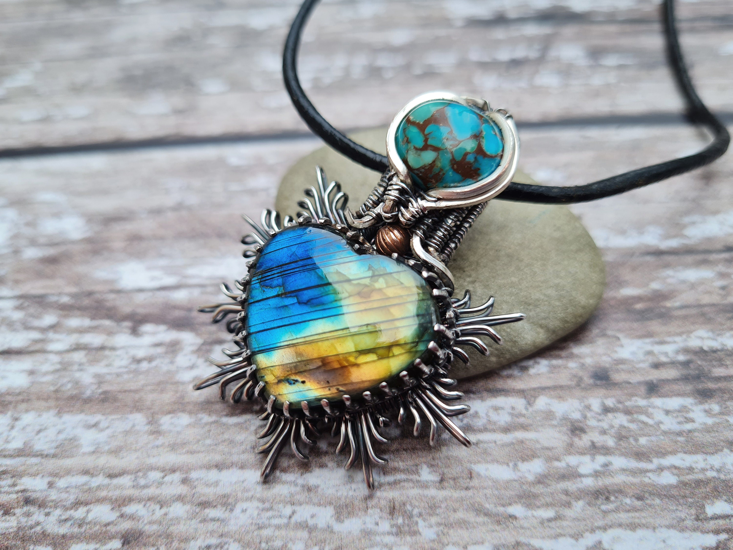 Wire Wrapped Turquoise and Labradorite Heart Pendant Mixed Metal