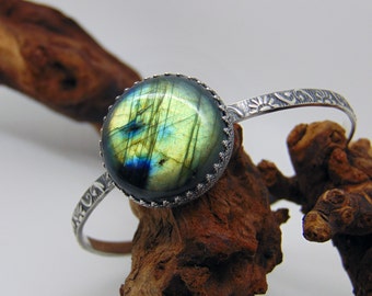 Labradorite Patterned Bangle, Sterling Silver Jewellery, Hallmarked Silver