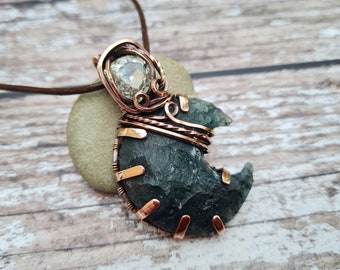 Wire Wrapped Crystal & Moss Agate Moon Pendant, Statement Copper Phase of The Moon Necklace, Satement Celestial Jewellery