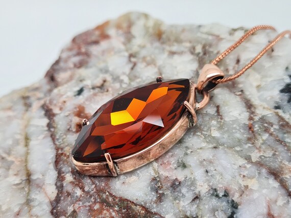 Burnt Orange Crystal Pendant Antiqued Copper Necklace Faceted