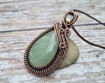 Amazonite and Copper Wire Wrapped Pendant, Large Statement Necklace, Copper Jewellery Set With a Green Stone, Natural Stone and Crystal