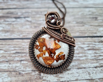Boho Mixed Metal Wire Wrapped Pendant, Silver and Copper Flake Resin Necklace, Vibrant One of a Kind Chunky Statement Necklace, Earth Tones