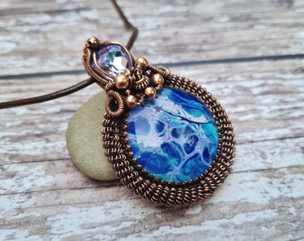 Unique Wire Wrapped Resin and Crystal Necklace, Blue Bubble Patterned Hand Painted Pendant, Copper Wrapped Crystal Art Jewellery, Boho Chic