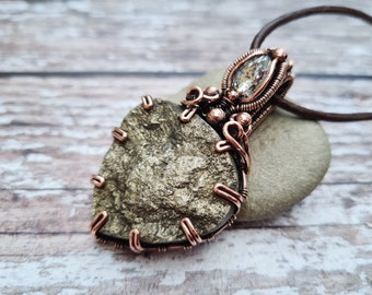 Iron Pyrite Wire Wrapped Raw Crystal Necklace, Mixed Metal Antique Crystal Pendant, Natural Stone Fools Gold Chunky Statement Pendant