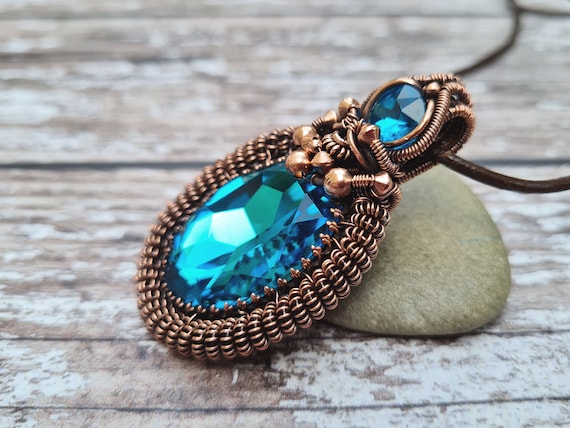 Aqua Blue Wire Wrapped Copper Crystal Pendant Chunky Statement