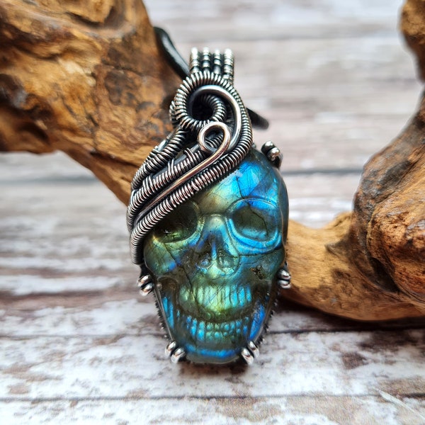 Labradorite Skull Pendant,  Wire Wrapped Jewellery, Blue Stone Necklace, Day of the Dead