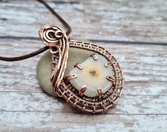 Raw Solar Quartz Stalactite Slice Necklace, Copper Wire Wrapped Pendant