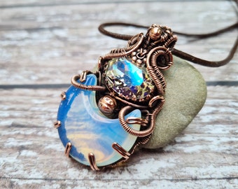 Wire Wrapped Crystal & Opalite Crescent Moon Pendant, Statement Copper Phase of The Moon Necklace, Satement Celestial Jewellery