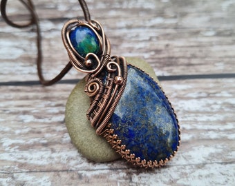 Wire Wrapped Lapis Lazuli and Azurite Pendant, Statement Copper Jewellery, One of a Kind Twin Stone Necklace, Blue Gemstone Pendant