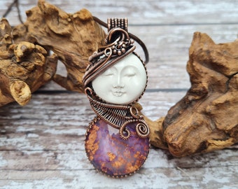 Wire Wrapped Resting Goddess Necklace, Celestial Jewellery, Purple Sleeping Moon Goddess, Copper Flake and Resin Pendant, Doll Pendant