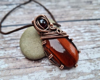 Garnet and Red Tigers Eye Wire Wrapped Pendant, Copper and Stone Pendant Necklace, Gemini Birthstone Jewellery, Good Luck Stone