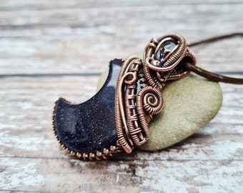Wire Wrapped Blue Goldstone Pendant, Crescent Moon Necklace, Copper Phase of The Moon Necklace, Statement Celestial Jewellery