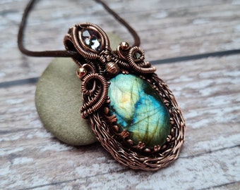 Labradorite and Crystal Copper Pendant, Wire Wrapped Jewellery, Semi Precious Natural Stone, Feldspar Necklace, Copper 7th anniversary gift