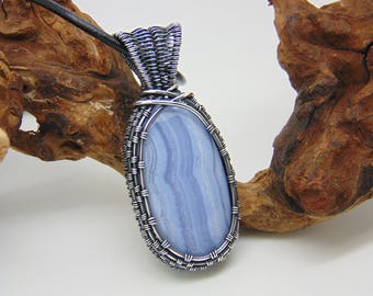 Blue Lace Agate Pendant, Wire Wrapped Jewellery, Blue Stone Necklace