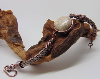 Fossil Coral Bracelet, Viking Knit, Wire Wrapped Jewellery, Copper Anniversary