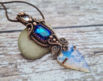 Wire Wrapped Copper and Opalite Crystal Dagger Pendant, Queen of Swords Necklace, Crystal and Opalite Arrowhead, Boho Statement Necklace