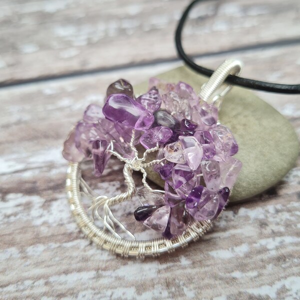 Amethyst Baum des Lebens Anhänger, Yggdrasil Anhänger, Draht gewickelter Schmuck, Rosa Amethyst Halskette, Nordischer Schmuck, Baum Amulett