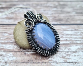 Blue Lace Agate Wire Wrapped Pendant, Blue and Silver Necklace, Natural Stone Jewellery, Handcrafted One of a Kind Jewellery, Blue Stone