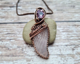 Rose Quartz Crystal Angel Wing Pendant, Copper Wire Wrapped Jewellery, Heart Chakra Natural Quartz Necklace, Guardian Angel Charm