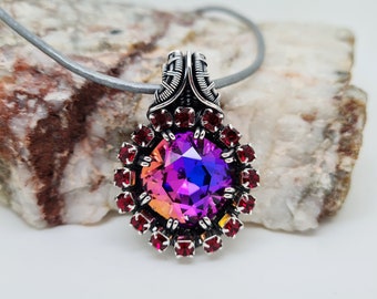 Purple Crystal Cluster Necklace, Wire Wrapped Jewellery, European Crystal Jewellery, Red Crystal Pendant,  Sparkly Multi Crystal Necklace