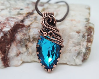 Blue Navette Crystal Pendant, Wire Wrapped, Faceted Crystal Necklace, European Crystal, Sparkly Necklace, Double Terminated Crystal