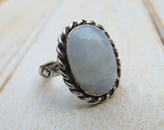 Sterling Silver Moonstone Ring -  Rainbow Moonstone Jewellery - Statement Ring - Bezel Set - Blue Gemstone - US Size 7 1/4 - UK Size O