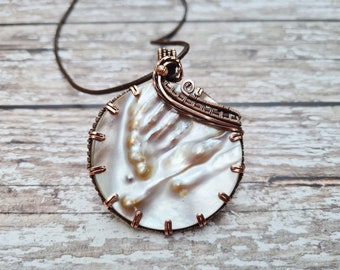 Mother of Pearl and Copper Pendant, Wire Wrapped Chunky Shell Necklace, Natural Pearl Oyster with Pearls Inside, Unique Statement Jewellery