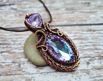Violet Blue Wire Wrapped Crystal Pendant, Chunky Statement Necklace, Marquise Crystal Necklace, Copper Jewellery, Boho Chic