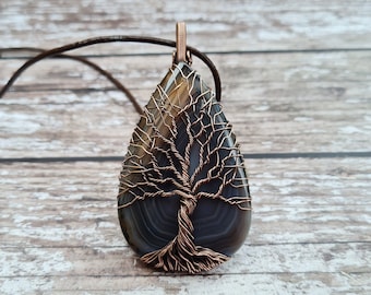 Banded Agate Tree Of Life Pendant, Wire Wrapped Yggdrasil Necklace Inspired by Norse Mythology, Earth & Nature Botanical Necklace