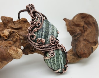 Green Zebra Jasper Pendant - Wire Wrapped Jewellery - Green Stone Necklace - Copper Anniversary - Prong Set Pendant - Stripy Green