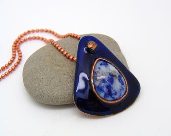 Sodalite Pendant - Enamel Jewellery - Copper Anniversary Gift - Gemstone Necklace - Blue Stone Pendant - Copper Necklace