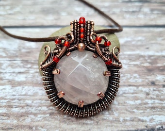 Rose Quartz and Seed Bead Mixed Metal Pendant, Copper Wire Wrapped Jewellery, Heart Chakra Pendant, Unique Statement Necklace