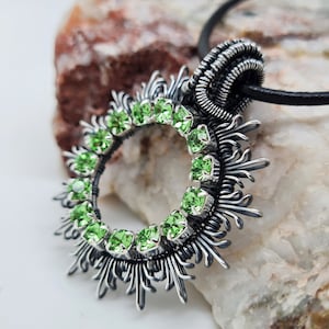 Green Open Circle Necklace, Crystal Circle Necklace, Wire Wrapped Jewellery, Sunburst Pendant, Karma Necklace, Sentimental Jewellery Gift