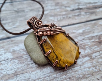 Copper and Tiger's Eye Pendant, Wire Wrapped Jewellery, Tiger Eye Chunky Statement Necklace, Gemini Pendant, Healing and Protection Stone