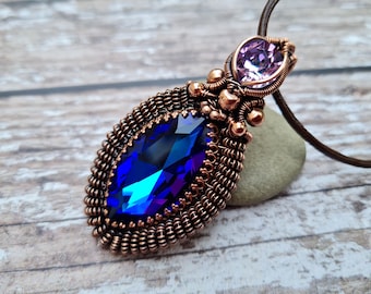 Deep Blue Wire Wrapped Copper Crystal Pendant, Chunky Statement Necklace, Marquise Crystal Necklace, Wire Wrapped Jewellery, Boho Chic