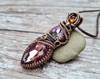 Vibrant Wire Wrapped Triple Crystal Pendant, Chunky Statement Sparkle Necklace, Copper Wrapped Crystal Necklace, Multi Crystal Necklace