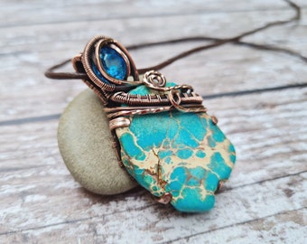 Blue Terra Jasper and Crystal Wire Wrapped Pendant, Raw Stone Necklace, Semi Precious Chunky Jewellery, Antiqued Copper Pendant