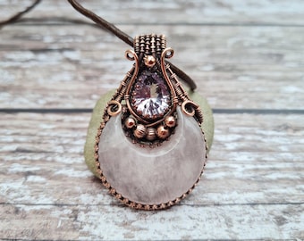 Wire Wrapped Rose Quartz and Amethyst Crescent Moon Pendant, Phase of The Moon Celestial Jewellery, Statement Copper Necklace