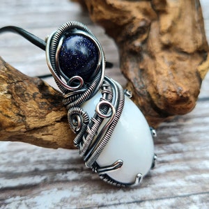 White Opal Pendant, Wire Wrapped Jewellery, October Birthstone Necklace, Blue Goldstone Jewellery, White Opal Necklace, Goldstone Crystal