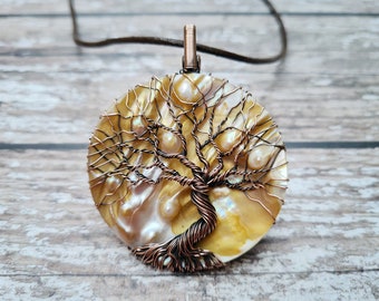 Mother of Pearl Tree of Life Pendant, Wire Wrapped Yggdrasil Tree Inspired by Norse Mythology, Natural Pearl Oyster Chunky Shell Necklace