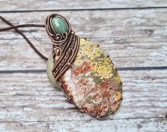 Wire Wrapped Green Jade and Ocean Jasper Pendant, Statement Natural Stone Necklace, Flower Pattern Stone, Semi Precious Chunky Jewellery