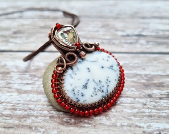 Dendrite Opal and Seed Bead Wire Wrapped Copper Pendant, Chunky Statement Necklace, Semi Precious Gemstone Jewellery, October Birthstone