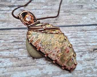 Copper and Ocean Jasper Wire Wrapped Pendant, Large Natural Stone & Crystal Necklace, Flower Pattern Stone, Semi Prescious Chunky Jewellery