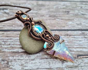Wire Wrapped Copper and Rainbow Opalite Crystal Dagger Pendant, Queen of Swords Necklace, Crystal and Opalite Arrowhead, Statement Necklace