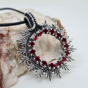 Red Open Circle Necklace, Crystal Circle Necklace, Wire Wrapped Jewellery, Sunburst Pendant, Karma Necklace, Sentimental Jewellery Gift