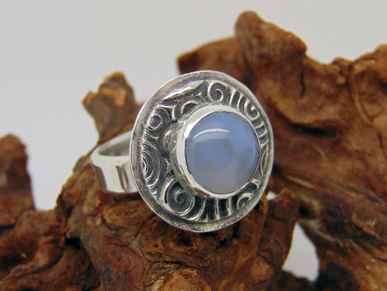 Sterling Silver Blue Lace Agate Ring Agate Jewellery Hallmarked Silver Bezel Set Blue Gemstone US Size 6 1/4 UK Size M image 1