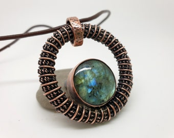 Labradorite Circle Pendant, Wire Wrapped Jewellery, Copper Anniversary