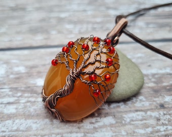 Orange Agate Tree Of Life Pendant, Wire Wrapped Yggdrasil Necklace Inspired by Norse Mythology, Earth & Nature Botanical Necklace