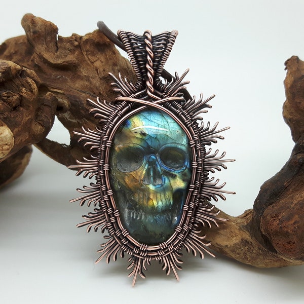 Labradorite Skull Pendant, Blue Stone Necklace, Day of the Dead, Wire Wrapped Jewellery