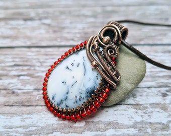 Dendrite Opal and Seed Bead Wire Wrapped Copper Pendant, Chunky Statement Necklace, Semi Precious Gemstone Jewellery, October Birthstone